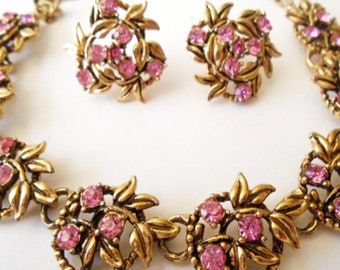 Vintage Pink Rhinestone Flower Choker and Earrings, Pink Rhinestone Gold Flower Choker Necklace and Pink Rhinestone Screw BackEarrings