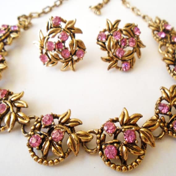 Vintage Pink Rhinestone Flower Choker and Earrings