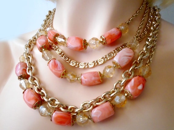 CORO 5 Strand Pink Necklace, Vintage Gold Chain N… - image 3