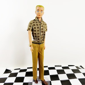 Vintage Ken Doll Gabardine Slacks Print Shirt and Brown Shoes, Mattel Ken Doll 1960&#39;s Outfit, Original First Ken Doll Clothes NO DOLL