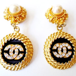 Chanel Brand New Pearl Gold CC Rectangle Round Drop Dangle Long Piercing  Earrings