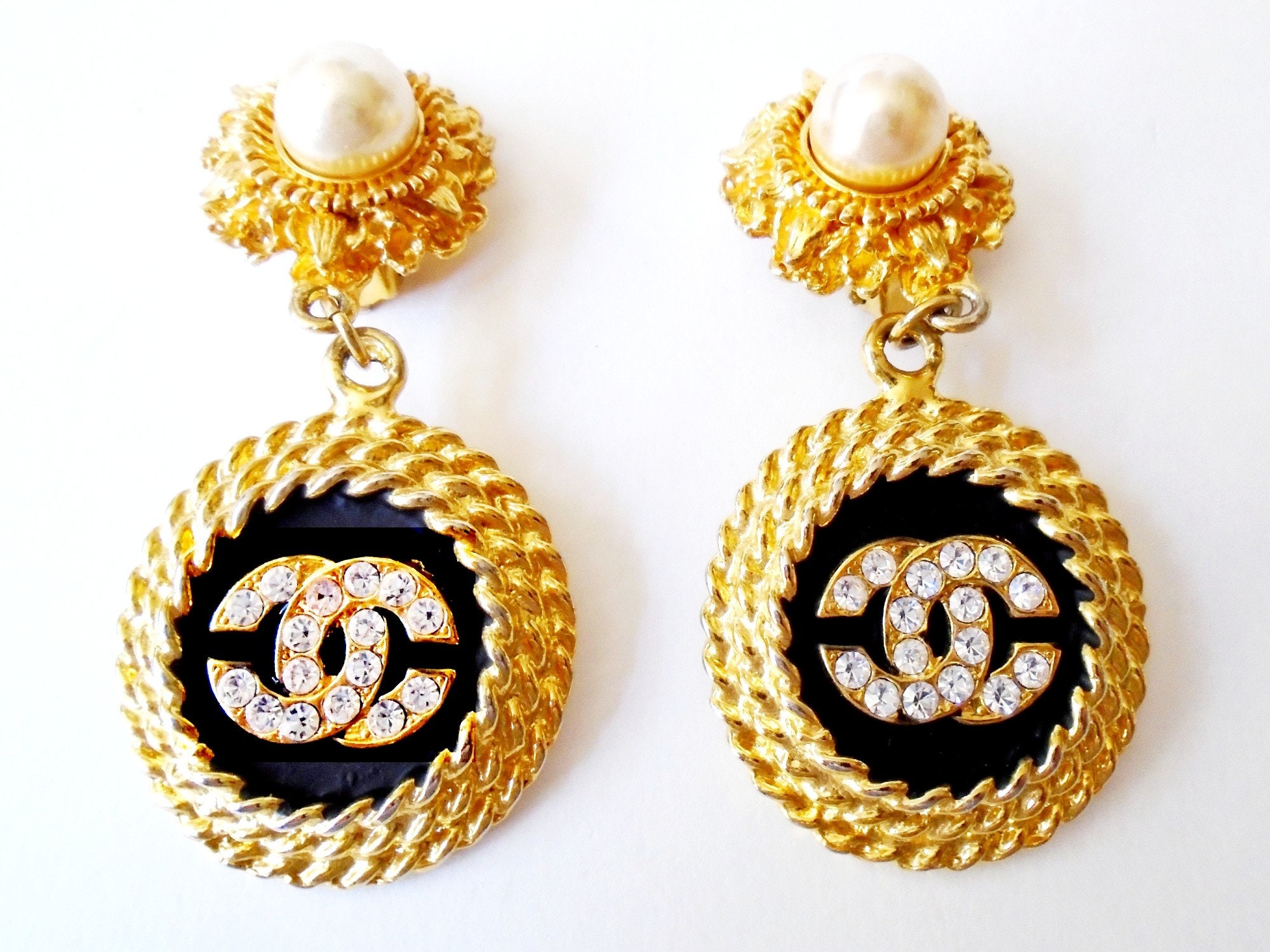 Chanel Vintage Faux Pearl and Goldtone CC Medallion Drop Earrings
