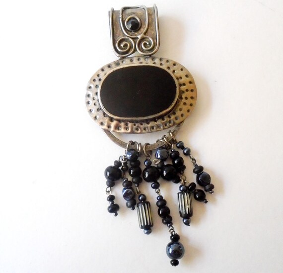 Vintage Black Enamel + Bead CHICO's Silver Pendan… - image 3