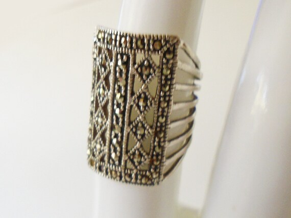 Rectangle 925 Silver Marcasite Ring, Signed 925 S… - image 2