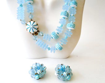 German Blue Bead Necklace & Cluster Clip Earrings, Multi Strand Blue Flower Necklace and Earrings, Vintage 50's Blue Jewelry Set