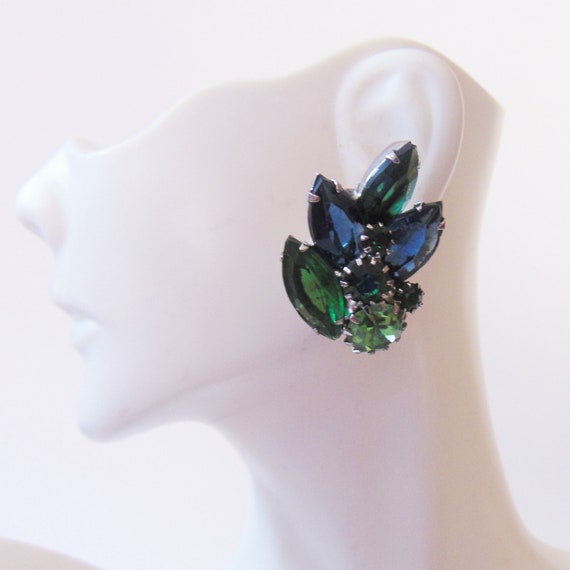 WEISS Green + Blue Rhinestone Clip Earrings, Open… - image 2