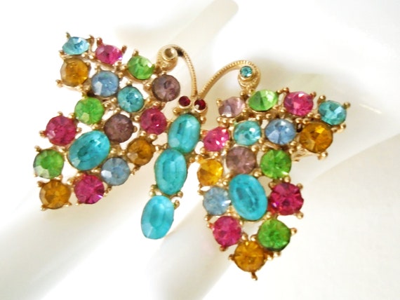 Vintage Rainbow Rhinestone Butterfly Pin, Butterfly Brooch, 60s 70s Multi Color Butterfly Pin