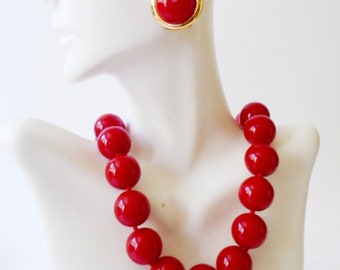 MONET Red Clip Earrings and Choker, Red Lucite Cherry Red Choker and Clip Earrings, Monet 80's Red Plastic Jewelry Set