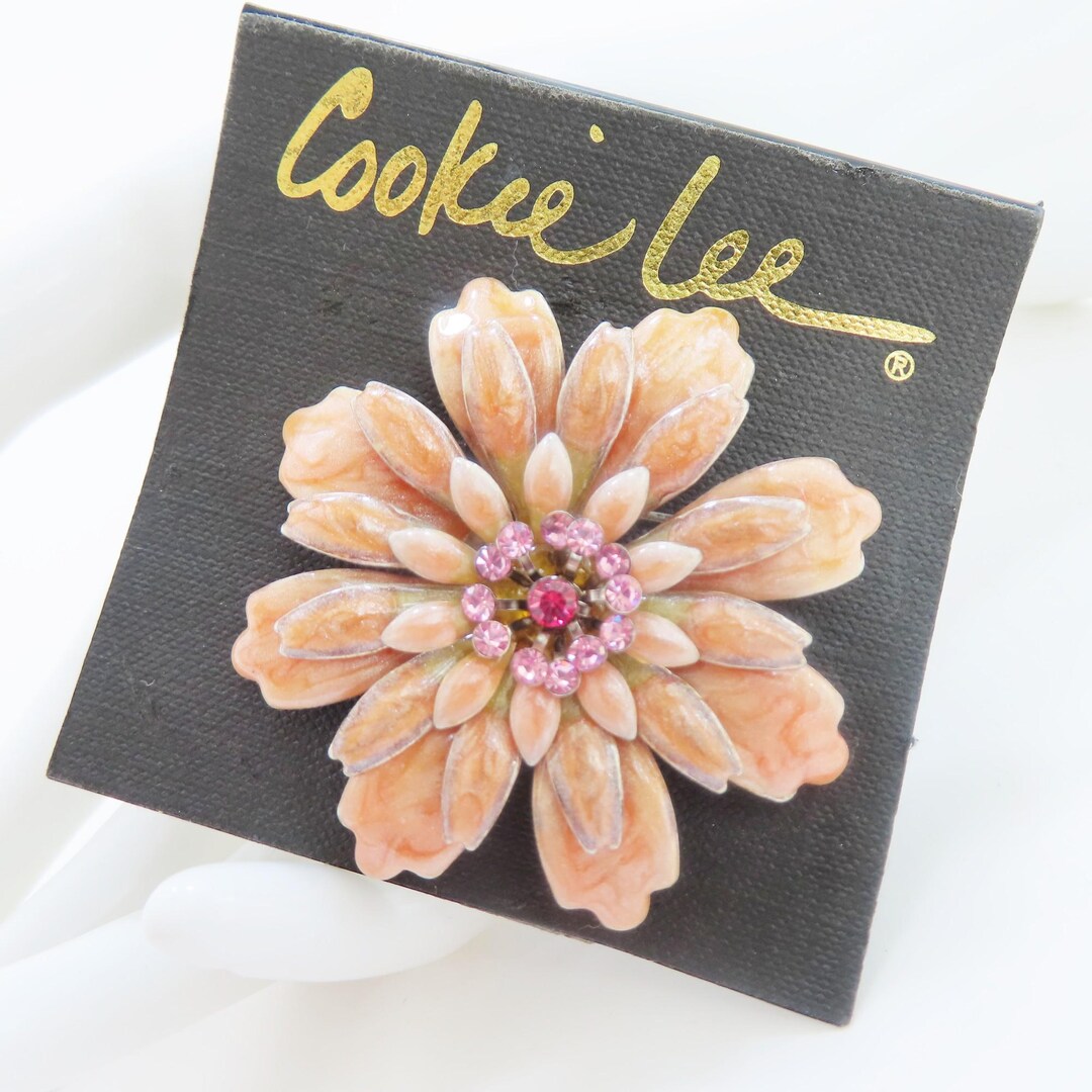 COOKIE LEE Pink Enamel Rhinestone Flower Pin, Pink Flower Rhinestone ...