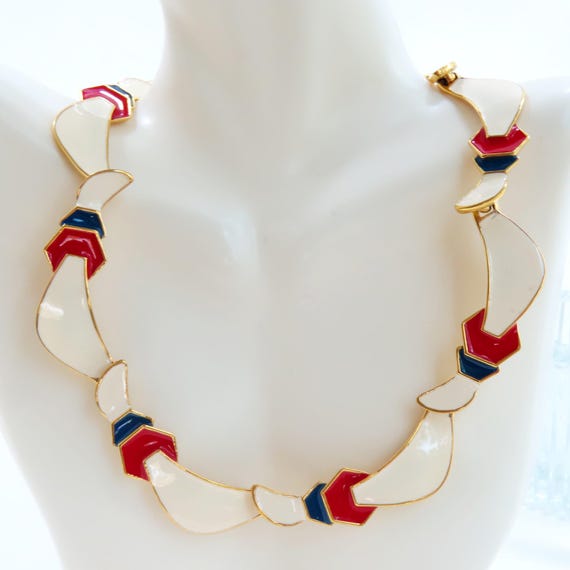 MONET Red White and Blue Enamel Gold Choker Vintage Red White and Blue Choker Monet 80 s Gold Enamel Choker Red White and Blue Etsy UK