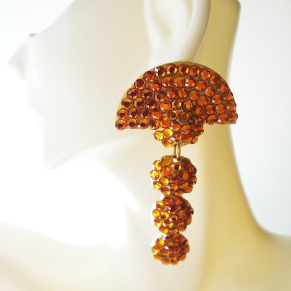 Gold Crystal Ball Dangle Clip Earrings, Rhineston… - image 1