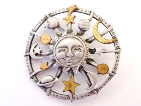 Pewter Sun Moon Stars Pin, Gold and Silver Sun Pin