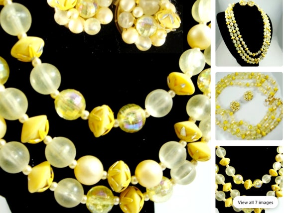 Yellow Bead Necklace & Cluster Clip Earrings, Hong