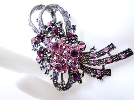 Purple and Pink Rhinestone Bouquet Silver Brooch,… - image 5