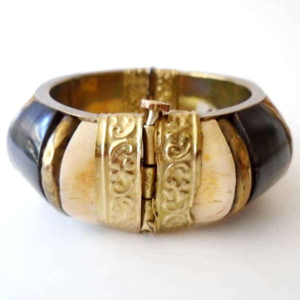 Bone and Brass Hinged Cuff Bracelet, Primitive Made in India Carved Bone Hinged Cuff, Vintage Bone Brass Cuff with Barrel and Pin Closure