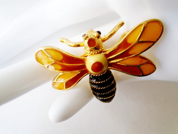 Enamel Honey Bee Pendant Brooch, Quality Signed Enamel Bee Pendant Brooch, 90's BEST Enamel Honey Bee Pendant Brooch