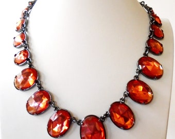 JOAN RIVERS Orange Jewel Necklace, Facted Orange Resin Crystal Joan Rivers Necklace, Joan Rivers Open Back Orange Rhinestone Necklace