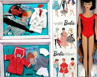 May include: Vintage Barbie doll in a box, wearing a red swimsuit. Two boxed sets of Barbie and Ken outfits are also shown, including a white coat, striped top, and red jacket. The boxes feature illustrations of Barbie.