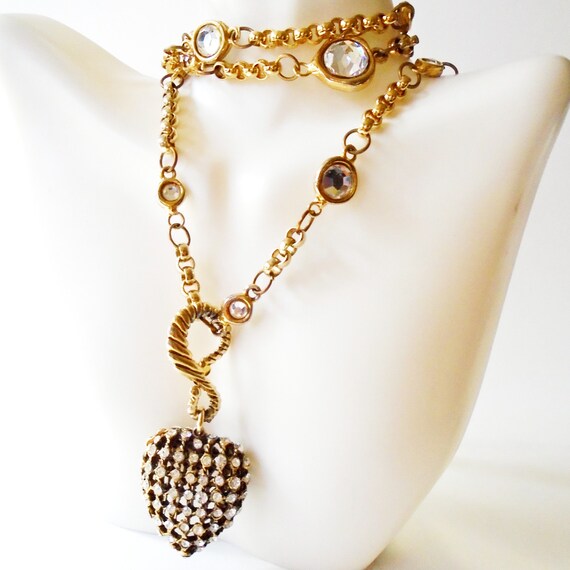 Rhinestone Studded Gold Puffy Heart Pendant Necklace, Gold Heart HIGH END Pendant Jeweled Chain Necklace, Bold Puffy Heart Gold Necklace