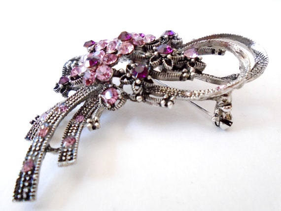 Purple and Pink Rhinestone Bouquet Silver Brooch,… - image 2