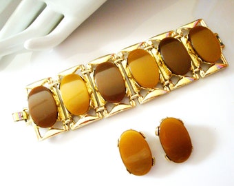 PAM Bronze Lucite Panel Bracelet Set, Vintage Chunky Lucite Bracelet and Clip Earrings, Bronze Moonbeam Lucite Bracelet and Clip Earrings
