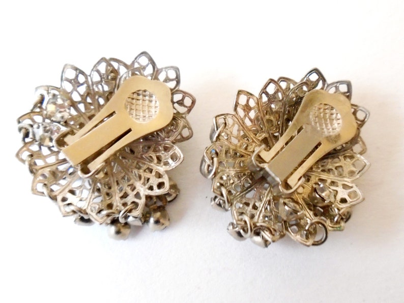 1960/'s Silver Tone Rhinestone Cha Cha Clip Earrings Layered Rhinestone Dangle Earrings Triple Flower Rhinestone Clip Earrings