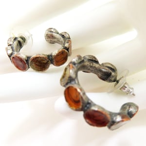 Vintage Rust Olive Enamel Hoop Earrings, Antique Silver Enamel Hoop Earrings, Autumn Enamel Pierced Hoop Earrings