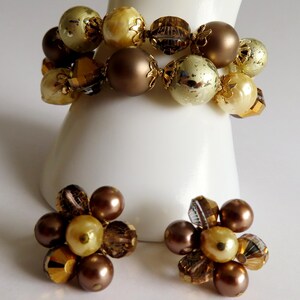 Vendome Topaz Bronze Bead Bracelet and Clip Earrings: Mid Century Jewelry Set