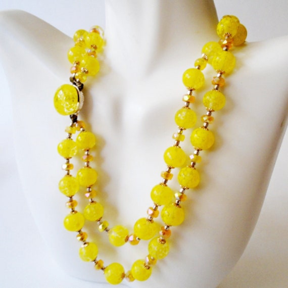 Yellow Glitter Bead Necklace, Vintage 2 Strand Yel