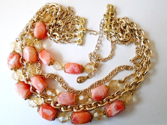 CORO 5 Strand Pink Necklace, Vintage Gold Chain N… - image 2