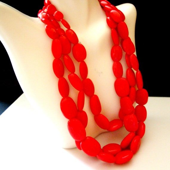 Red Lucite Bead Three Strand Necklace, Plastic Red