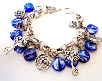 Antique Silver Charm Toggle Bracelet, Blue Bead and Antique Silver Charm Bracelet, Vintage Blue and Silver Bracelet