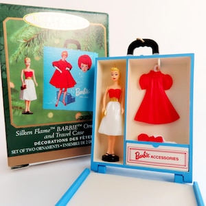 BARBIE  Silken Flame 1960 Doll + Case Ornament Set, Hallmark 2000 Barbie Doll and Blue Case Ornament, Barbie Hallmark Keepsake Ornament