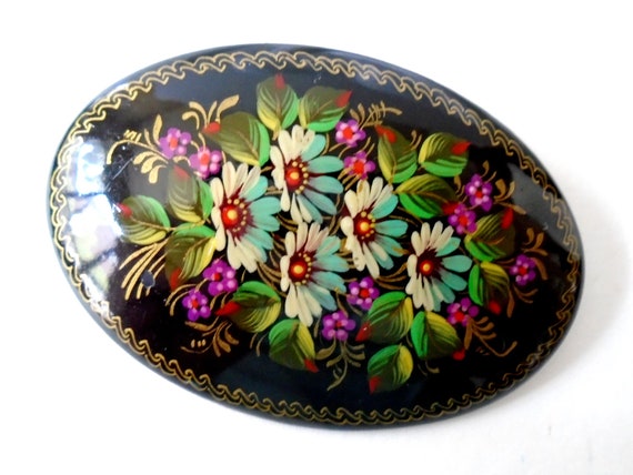Vintage Black Floral Russian Brooch, 80's Handpai… - image 4