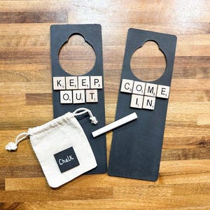 Keep out / come in door hanger sign - kids room sign, bedroom sign, home office sign - chalkboard with chalk in bag