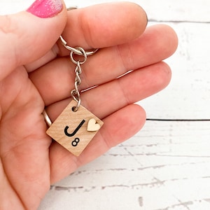 Scrabble tile keyring with tiny heart on the front - personalised initial keyring