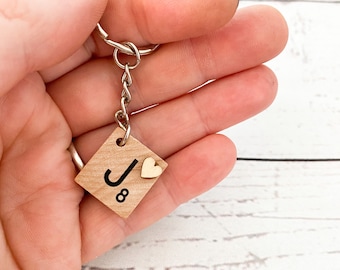 Scrabble tile keyring with tiny heart on the front - personalised initial keyring