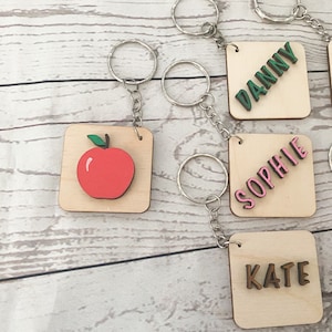 Red apple painted keyring with personalisation on reverse  - 4cm tile - alphabet keyring perfect for small gift or party favour