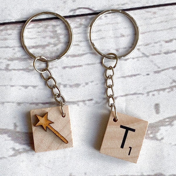 Letter tile keyring with wooden fairy magic wand embellishment on back - alphabet keyring perfect for small gift or favour