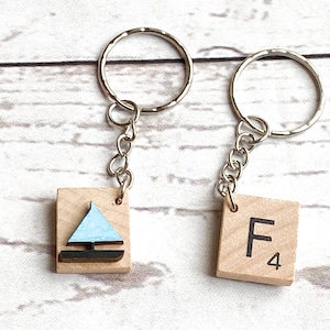 Letter Tile Keyring: Blue Sailboat embellishment ,  Alphabet Gift