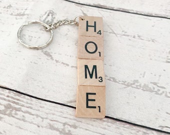 Home keyring made from wooden letter tiles