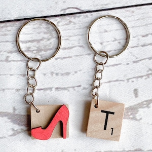 Letter Tile Keyring: Red High Heel Shoe Charm, Alphabet Keychain