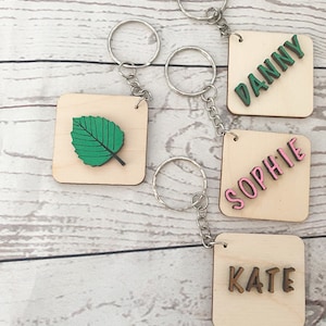 Leaf keyring (5) with personalisation on reverse  - 4cm tile - alphabet keyring perfect for small gift or party favour