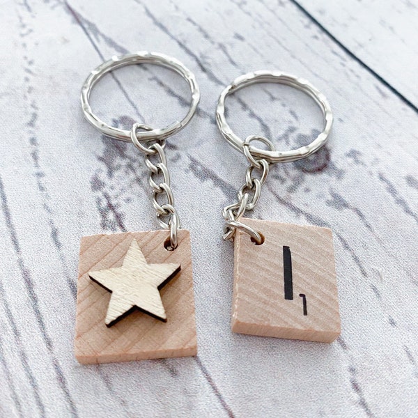 Letter tile keyring with large star embellishment on back - initial, wooden tile, bag keyring, perfect for a small gift or favour