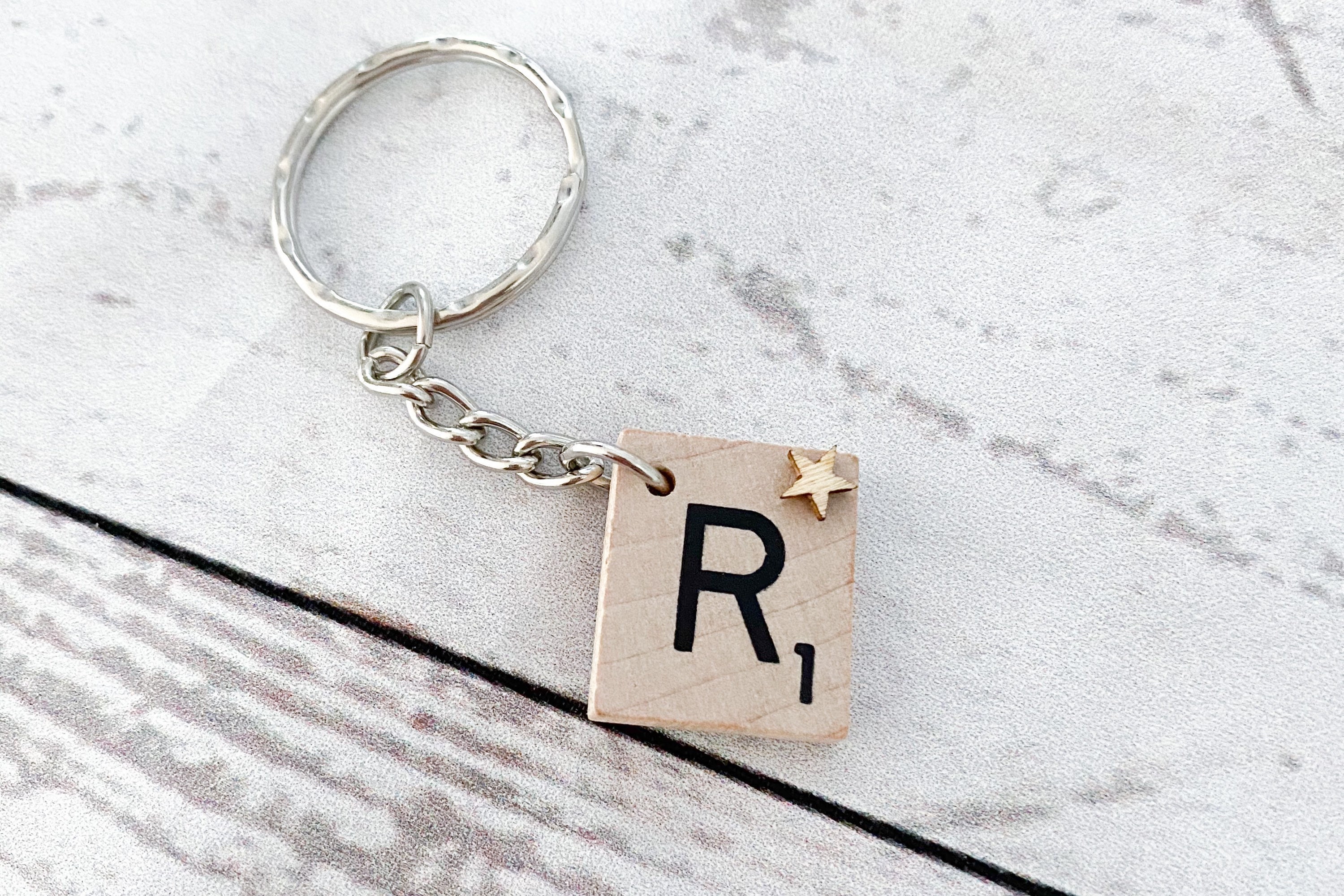 Letter tile keyring with tiny star embellishment: initial, wooden til…