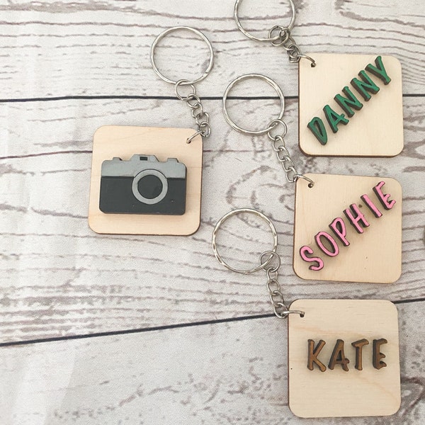 Camera keyring with personalisation  on reverse  - 4cm tile - alphabet keyring perfect for small gift or party favour