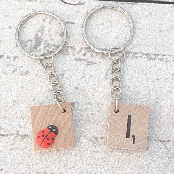 Letter tile keyring with ladybird  embellishment on back - alphabet keyring perfect for small gift or favour