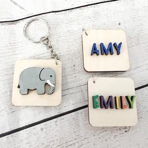 Elephant keyring with name personalisation on the reverse  - 4cm tile - alphabet keyring perfect for small gift or party favour