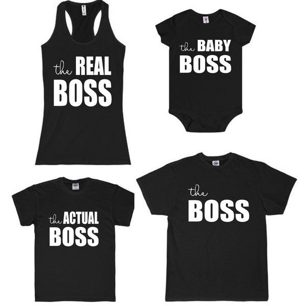 Bijpassende familieshirtset, The Boss, The Real Boss, grappige shirts