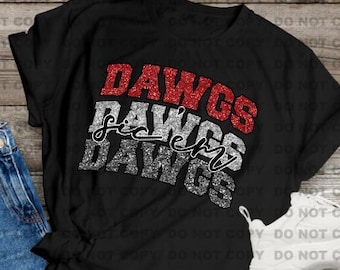 May include: Black t-shirt with a red, white, and silver glitter design that says "DAWGS sic 'em DAWGS".